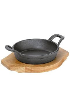 Küchenprofi BBQ Servierpfanne Gusseisen mit 2 Griffen und Holzbrett