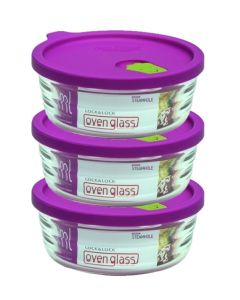 LocknLock 3x Dose oven glass mit lila Mikrowellen-Deckel, rund, 340ml (LLG751/3)