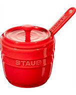 Zuckerdose aus Keramik mit Löffel, kirschrot